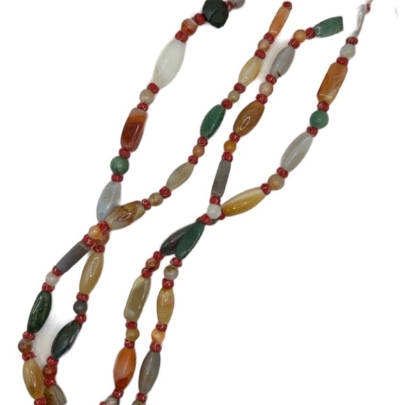 Vintage 70’s Polished Multi Stone 56” Hand Tied Necklace Jade Quartz Agate - Picture 2 of 8